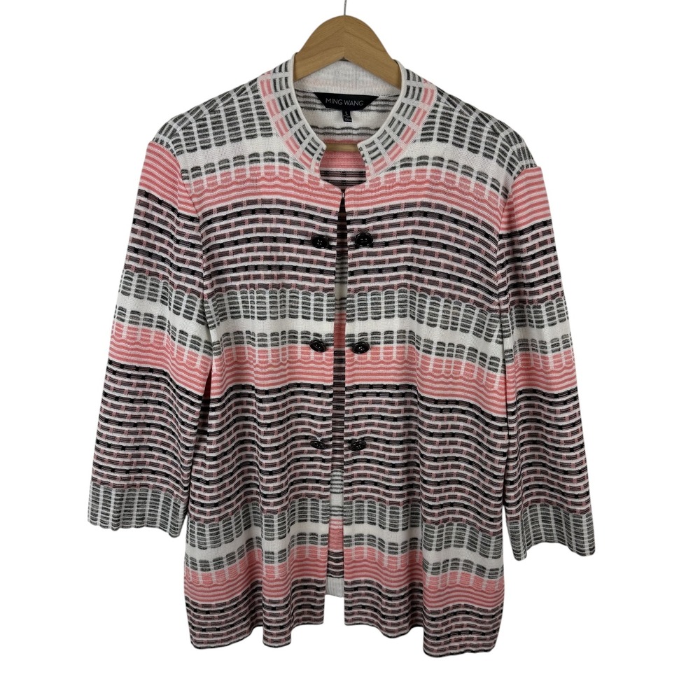 Ming Wang Striped‎ Geometric Knit Cardigan Jacket Large Classic Career Office